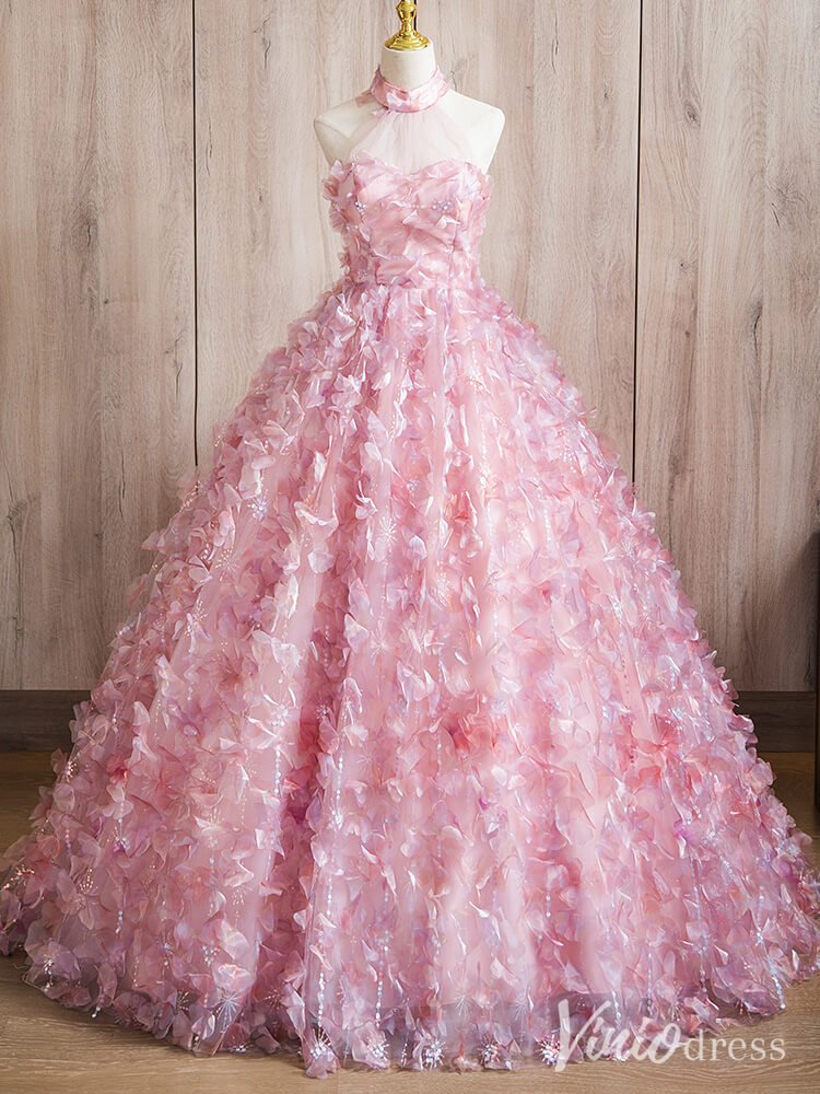 Pink 3D Flower Halter Neck Quinceanera Dresses Floral Ball Gown AD1378 - Viniodressprom dressesPinkCustom Size - Formal Dresses - Ball Gowns