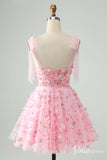 Pink 3D Flower Homecoming Dresses Spaghetti Strap Back to School Dress S24036-prom dresses-Viniodress-Viniodress