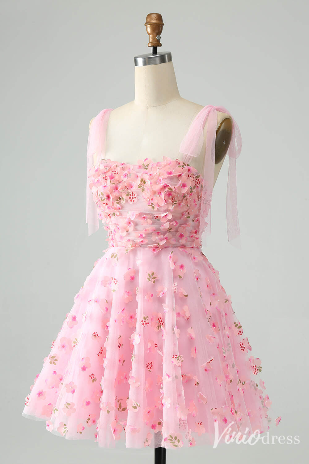 Pink 3D Flower Homecoming Dresses Spaghetti Strap Back to School Dress S24036-prom dresses-Viniodress-Viniodress