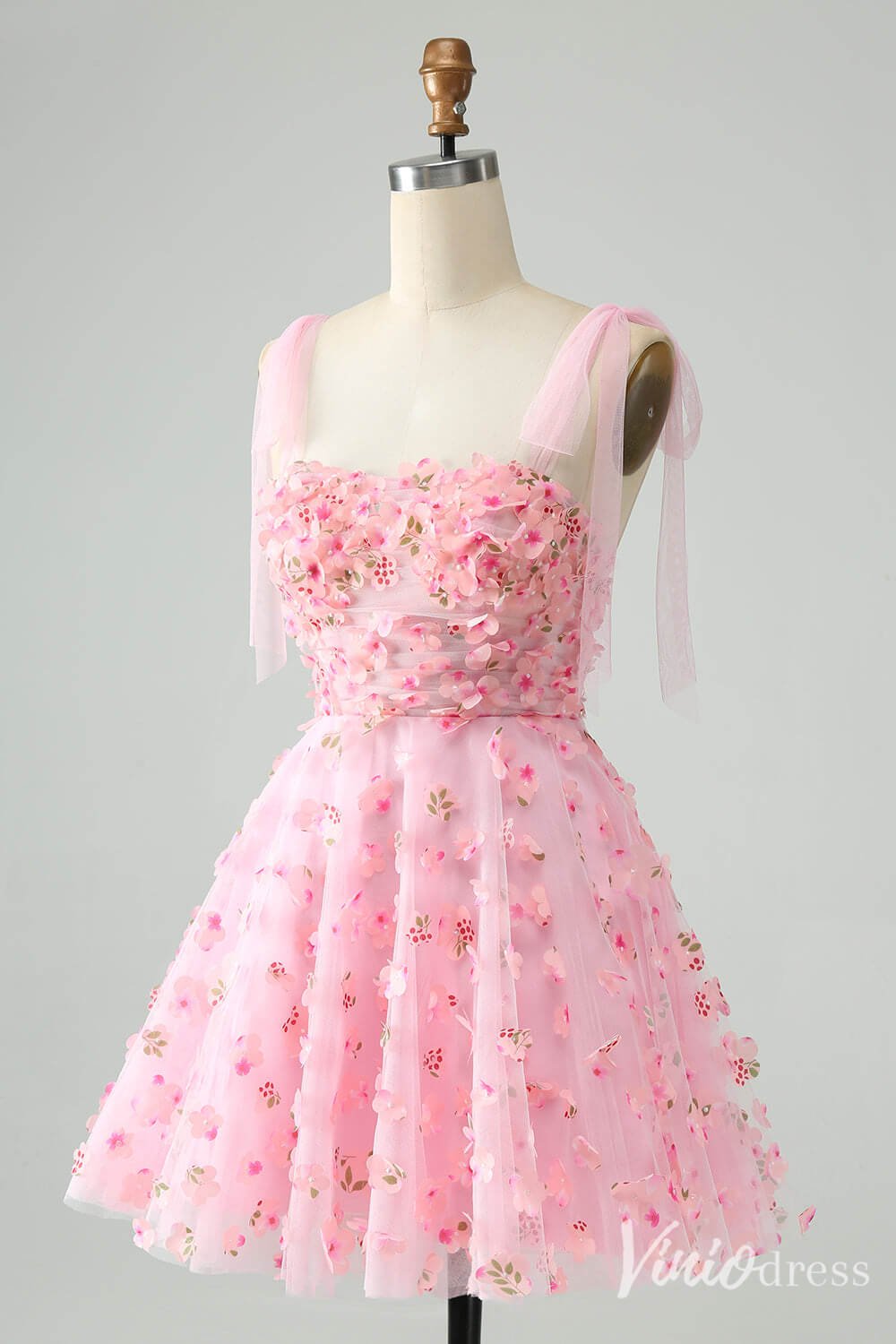 Pink 3D Flower Homecoming Dresses Spaghetti Strap Back to School Dress S24036 - Viniodressprom dressesPinkCustom Size - Formal Dresses - Ball Gowns