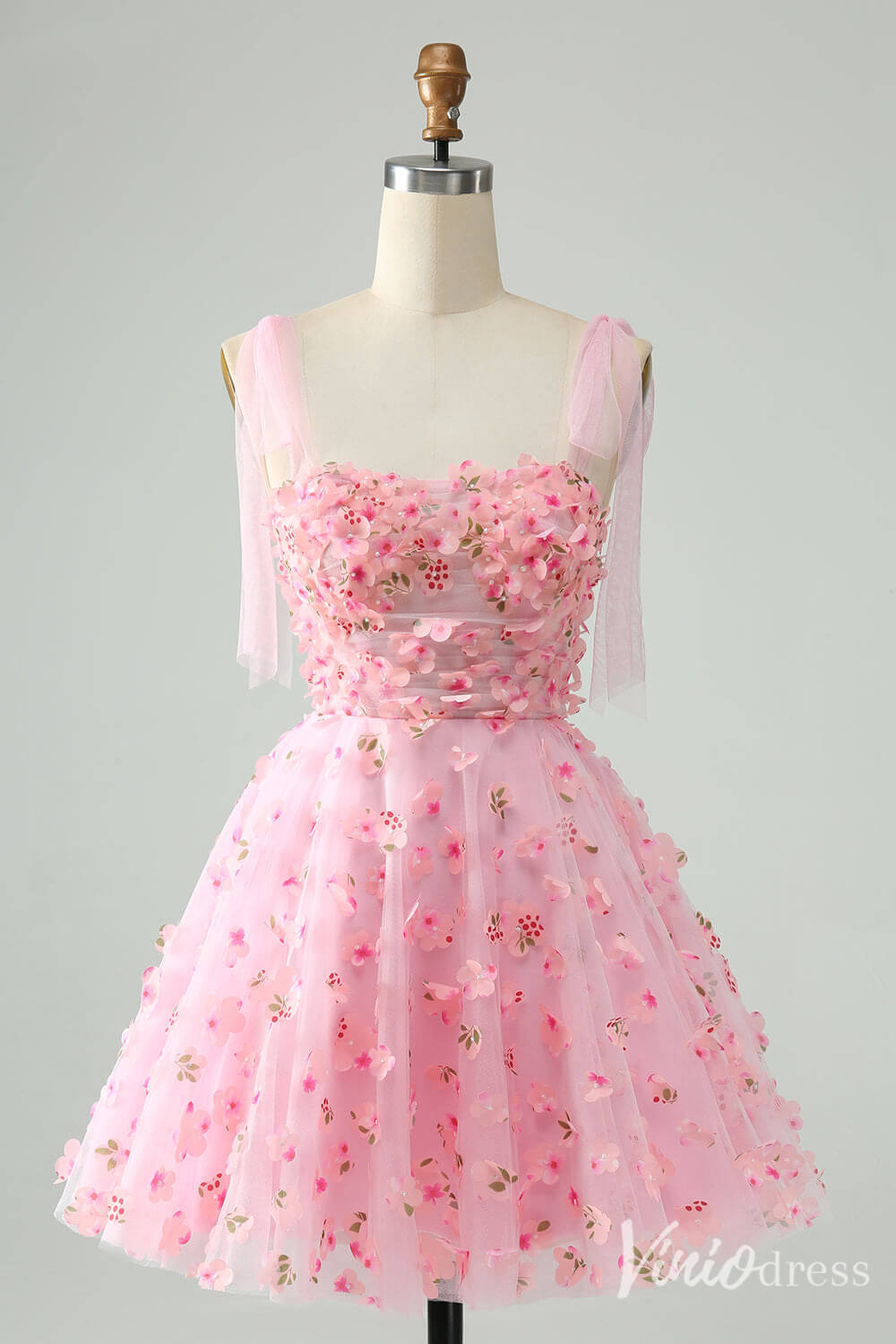 Pink 3D Flower Homecoming Dresses Spaghetti Strap Back to School Dress S24036-prom dresses-Viniodress-Pink-Custom Size-Viniodress