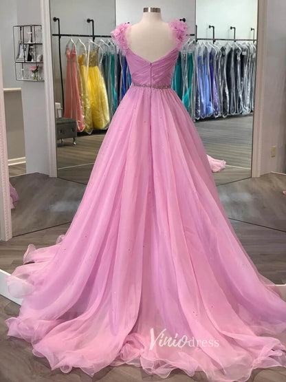 Pink 3D Flower Prom Dresses Pleated A-Line Evening Dress FD3104-prom dresses 2025 -Viniodress-Pink-Custom Size-