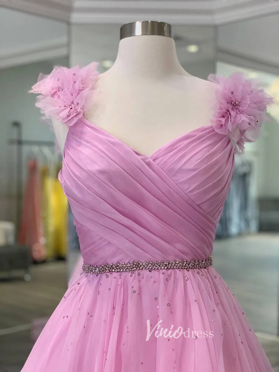 Pink 3D Flower Prom Dresses Pleated A-Line Evening Dress FD3104-prom dresses 2025 -Viniodress-Pink-Custom Size-