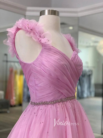 Pink 3D Flower Prom Dresses Pleated A-Line Evening Dress FD3104-prom dresses 2025 -Viniodress-Pink-Custom Size-