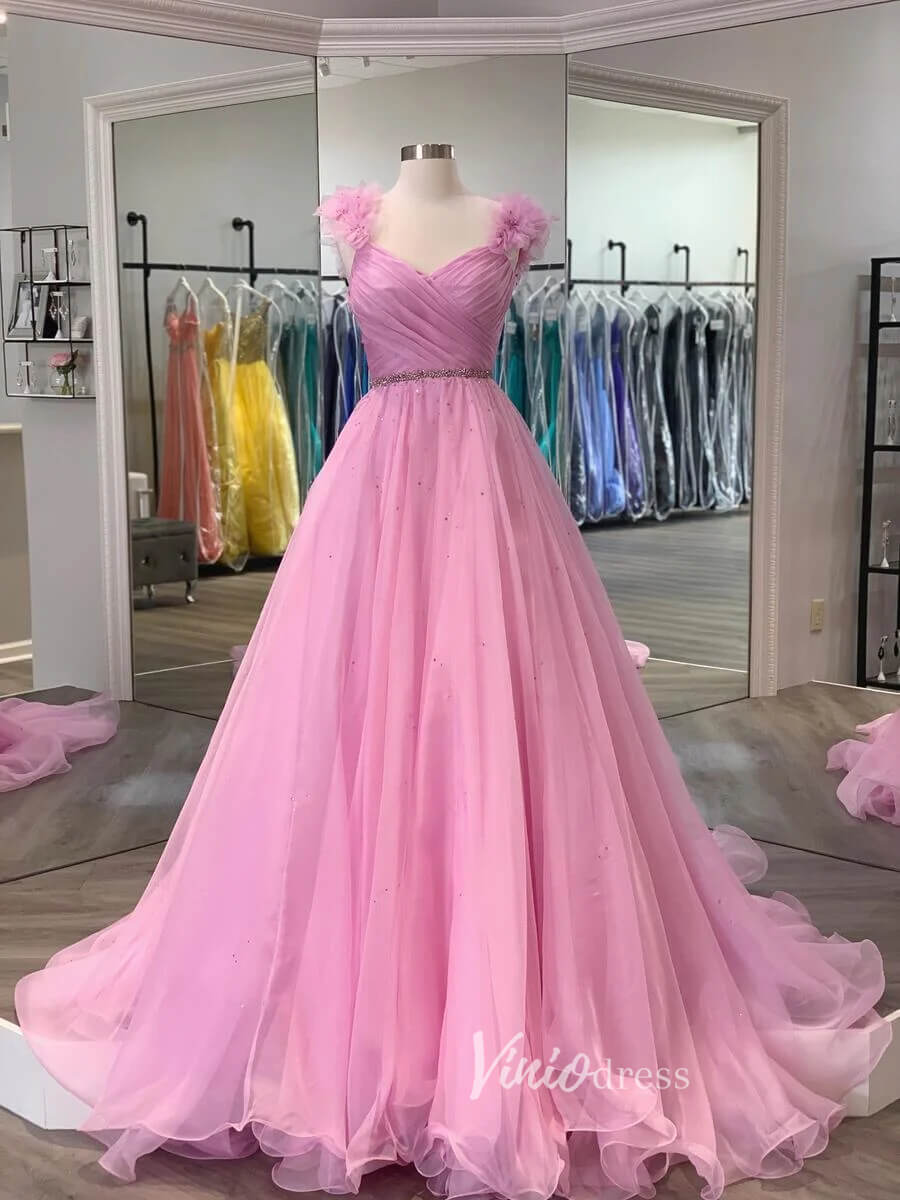 Pink 3D Flower Prom Dresses Pleated A-Line Evening Dress FD3104-prom dresses 2025 -Viniodress-Pink-Custom Size-