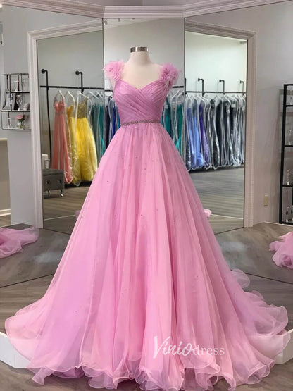 Pink 3D Flower Prom Dresses Pleated A-Line Evening Dress FD3104-prom dresses 2025 -Viniodress-Pink-Custom Size-