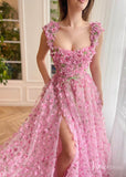 Pink 3D Flower Prom Dresses with Slit Floral Gown with Pockets TO014-prom dresses-Viniodress-Viniodress