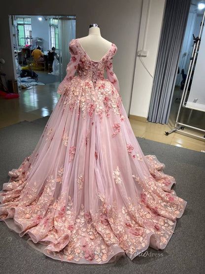 Pink 3D Flower Sweet 15 Dress Off the Shoulder Ball Gown Quince Dress 67469-Quinceanera Dresses 2025 -Viniodress-Pink-60cm-Custom Size