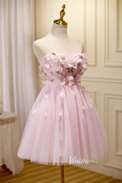 Pink 3D Flower Tulle Hoco Dresses Strapless Graduation Dresses SD1535-Homecoming Dresses 2025 -Viniodress-Blush-Custom Size-
