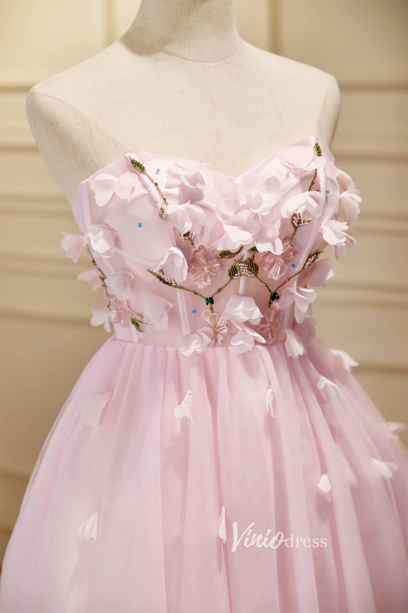 Pink 3D Flower Tulle Hoco Dresses Strapless Graduation Dresses SD1535-Homecoming Dresses 2025 -Viniodress-Blush-Custom Size-