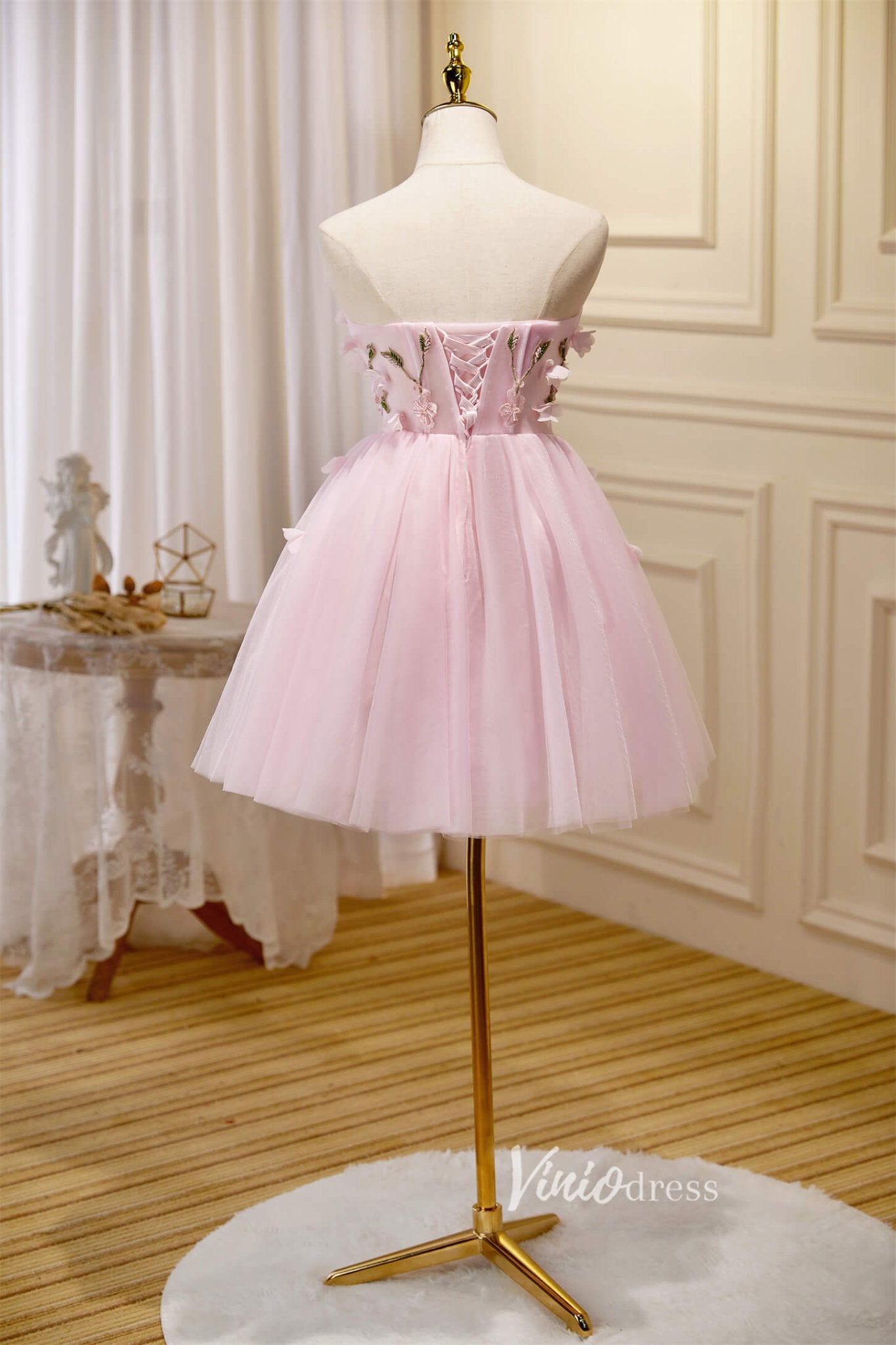 Pink 3D Flower Tulle Hoco Dresses Strapless Graduation Dresses SD1535 Viniodress Pink 3D Flower Tulle Hoco Dresses Strapless Graduation Dresses SD1535 Viniodress