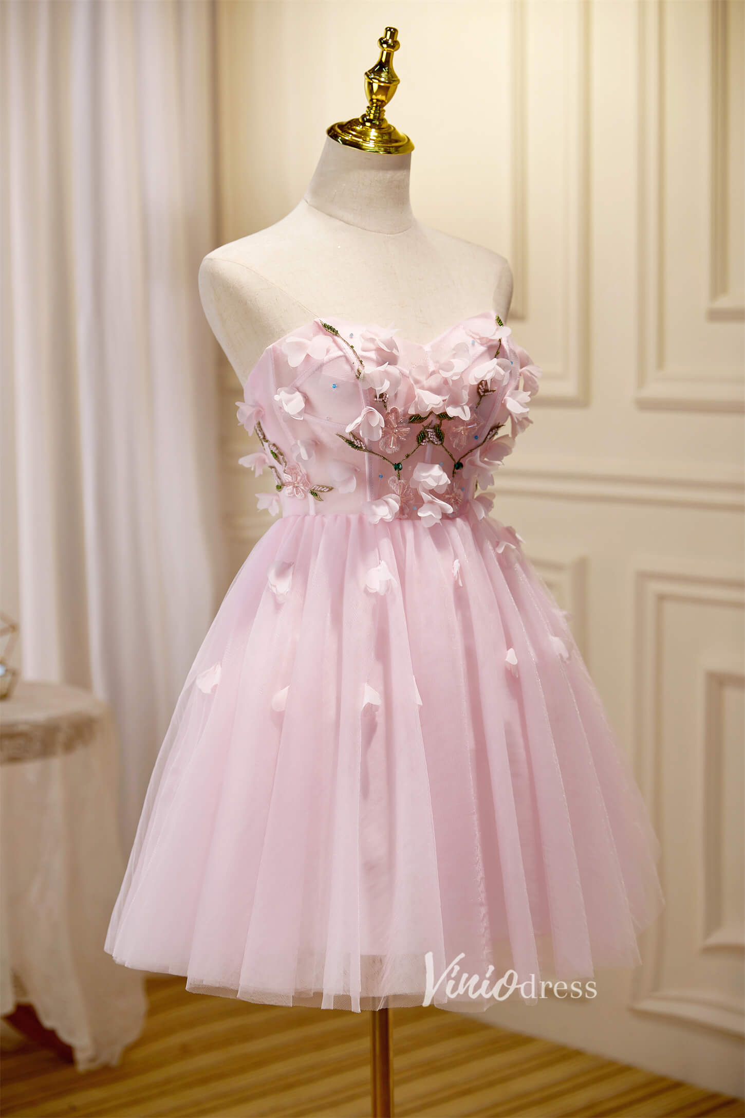 Short Prom Dresses 2025 Pink 3D Flower Tulle Hoco Dresses Strapless Graduation Dresses SD1535-Dresses-Viniodress-Blush-Custom Size-Viniodress