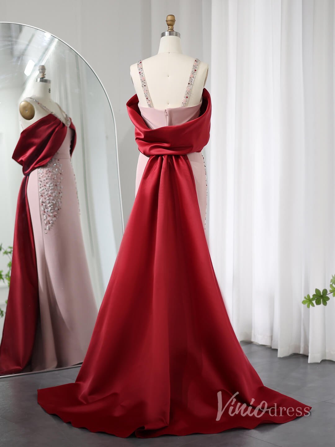 Pink and Red Sheath Beaded Prom Dresses Wide Strap Satin Train AD1190-Evening Dresses 2025 -Viniodress-Pink-US 2-
