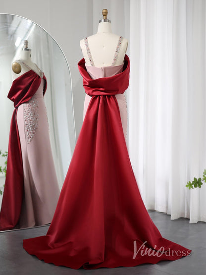 Pink and Red Sheath Beaded Prom Dresses Wide Strap Satin Train AD1190-Evening Dresses 2025 -Viniodress-Pink-US 2-