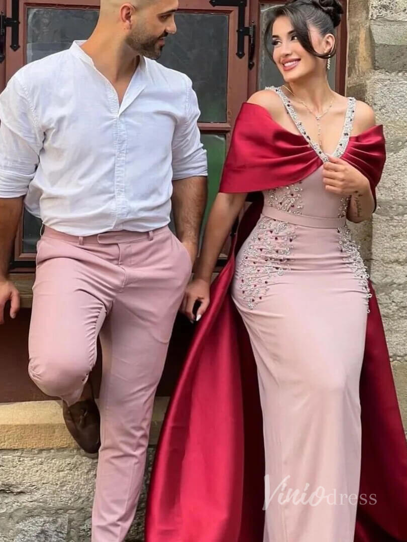 Pink and Red Sheath Beaded Prom Dresses Wide Strap Satin Train AD1190-Evening Dresses 2025 -Viniodress-Pink-US 2-
