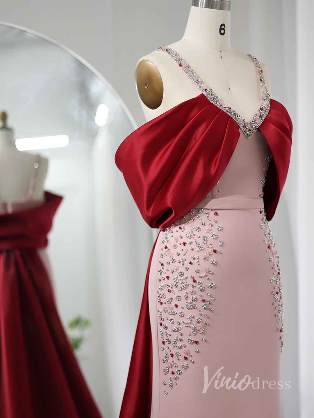 Pink and Red Sheath Beaded Prom Dresses Wide Strap Satin Train AD1190-Evening Dresses 2025 -Viniodress-Pink-US 2-