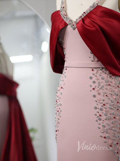 Pink and Red Sheath Beaded Prom Dresses Wide Strap Satin Train AD1190-Evening Dresses 2025 -Viniodress-Pink-US 2-