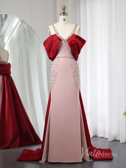 Pink and Red Sheath Beaded Prom Dresses Wide Strap Satin Train AD1190-Evening Dresses 2025 -Viniodress-Pink-US 2-