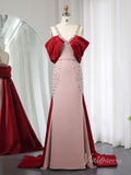 Pink and Red Sheath Beaded Prom Dresses Wide Strap Satin Train AD1190