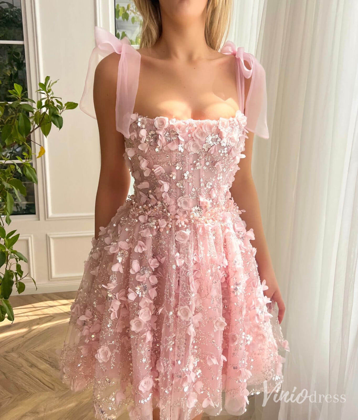 Pink Beaded 3D Flower Homecoming Dresses with Pockets Bow Tie Strap Short Prom Dress TO023-prom dresses-Viniodress-Pink-Custom Size-Viniodress