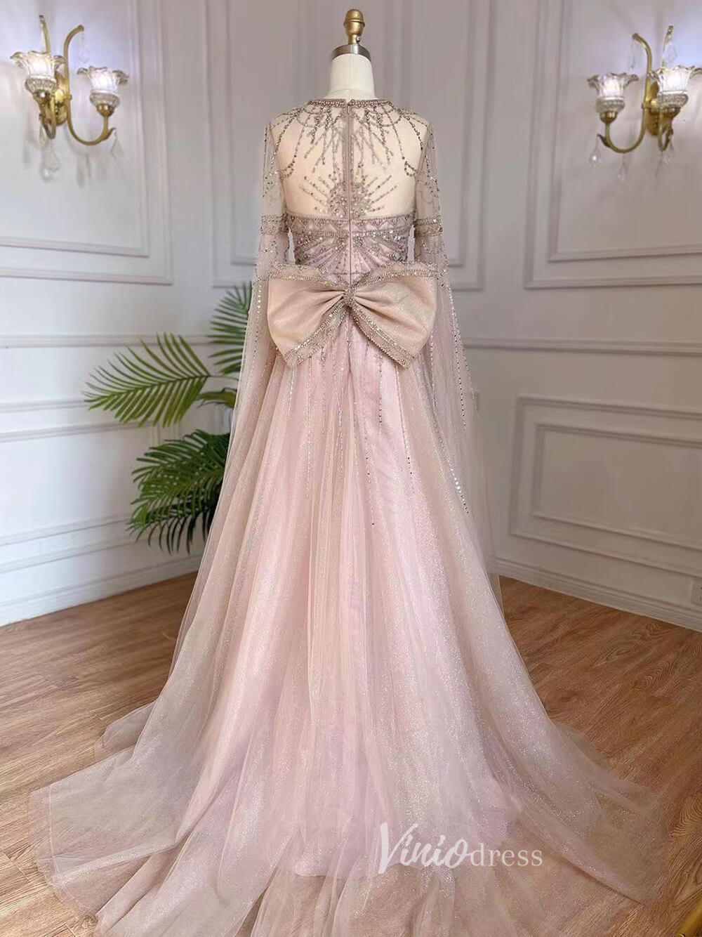 fitted lace wedding dress Blush Pink Long Sequin Formal Dress with Puff Sleeves main image 1