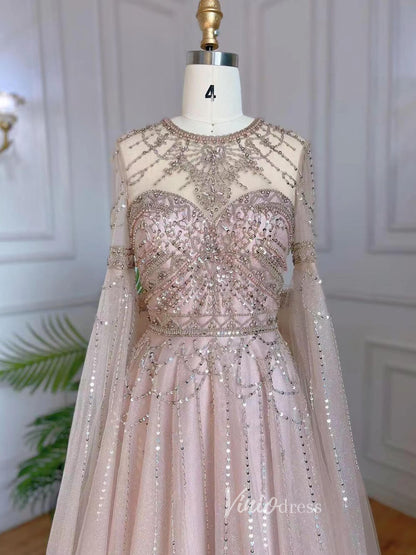 Pink Beaded A-line Prom Dresses Extra Long Sleeve Evening Dress 20068-Evening Dresses 2025 -Viniodress-Blush Pink-US 2-