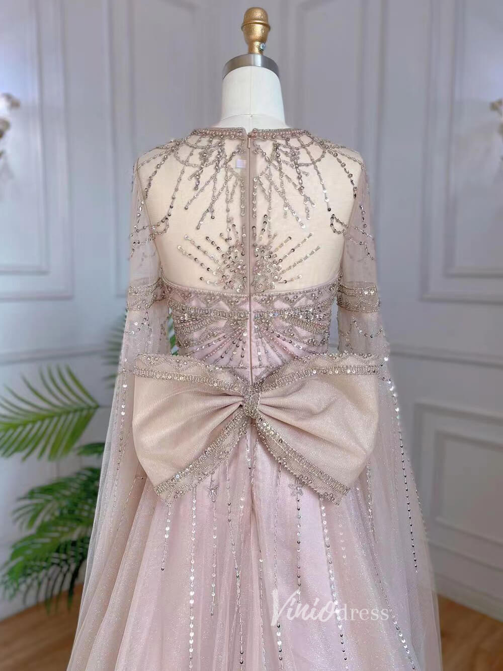 Pink Beaded A-line Prom Dresses Extra Long Sleeve Evening Dress 20068-Evening Dresses 2025 -Viniodress-Blush Pink-US 2-