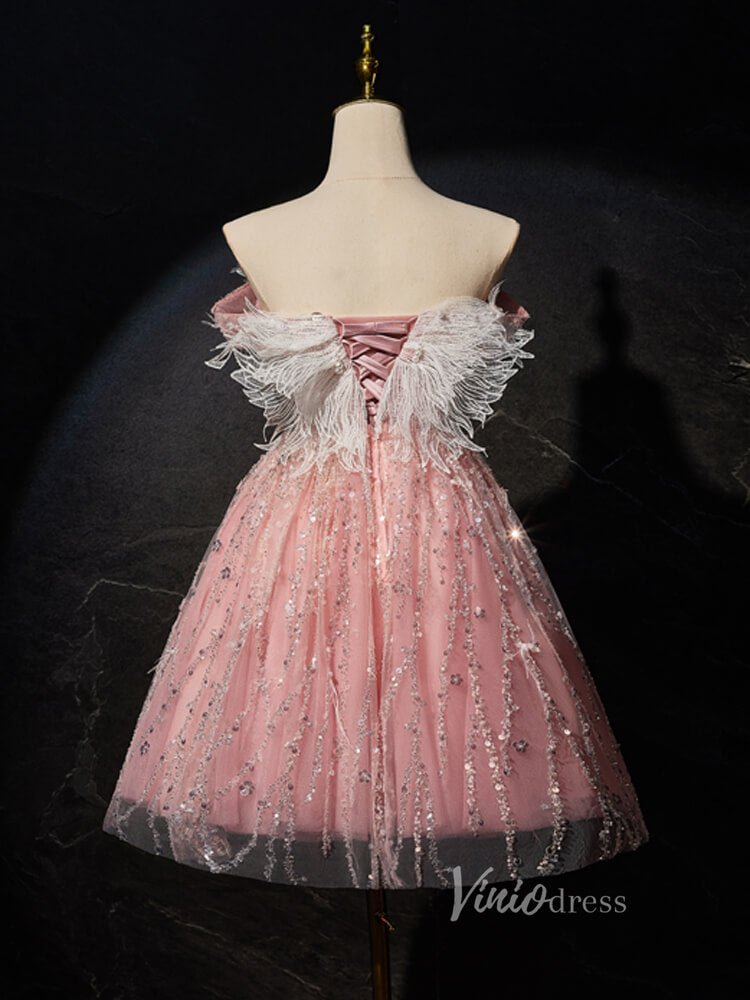 Pink Beaded Butterfly Homecoming Dresses Off the Shoulder Graduation Dress BJ019-prom dresses 2025 -Viniodress-Pink-Custom Size-
