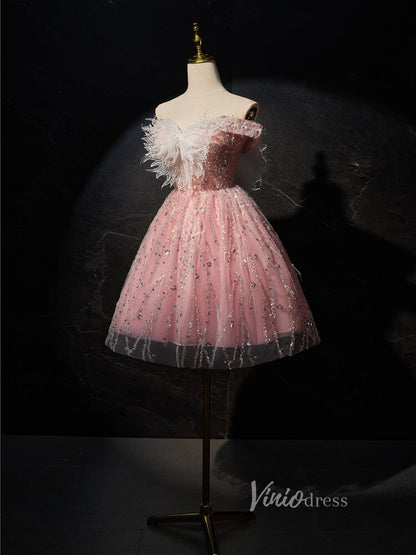 Pink Beaded Butterfly Homecoming Dresses Off the Shoulder Graduation Dress BJ019-prom dresses 2025 -Viniodress-Pink-Custom Size-