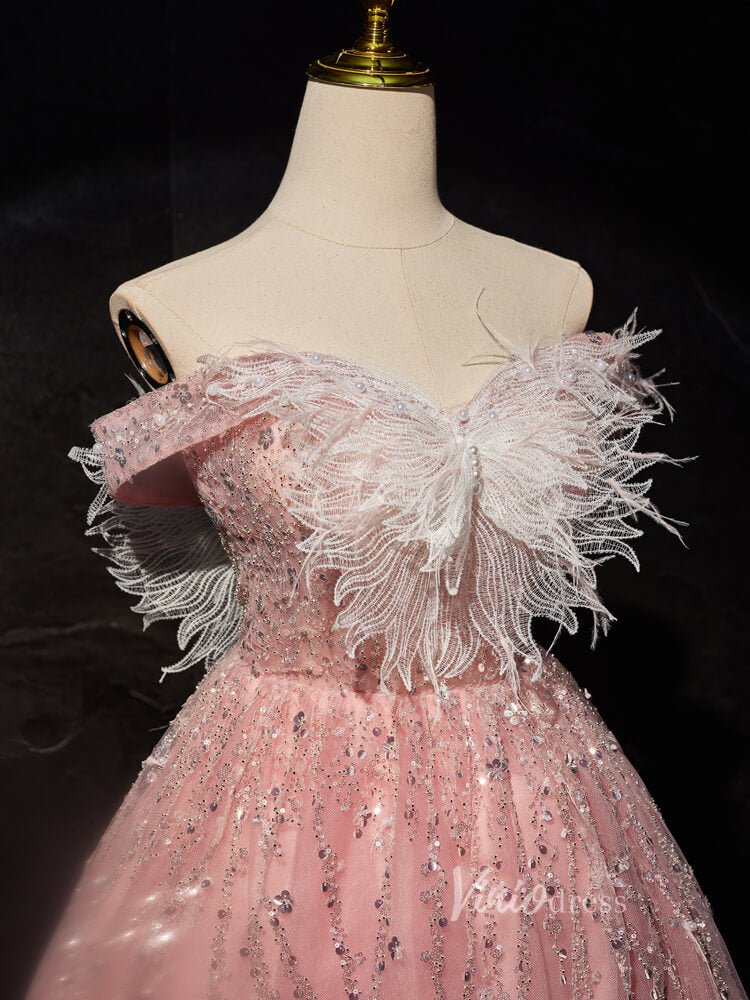 Pink Beaded Butterfly Homecoming Dresses Off the Shoulder Graduation Dress BJ019-prom dresses 2025 -Viniodress-Pink-Custom Size-