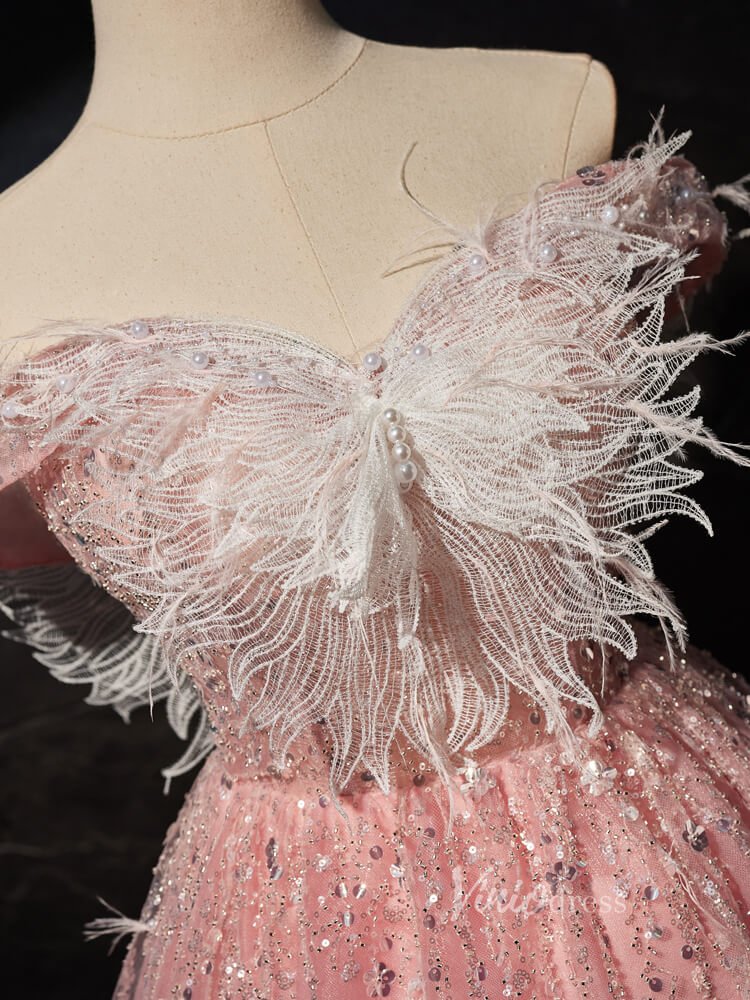 Pink Beaded Butterfly Homecoming Dresses Off the Shoulder Graduation Dress BJ019-prom dresses 2025 -Viniodress-Pink-Custom Size-
