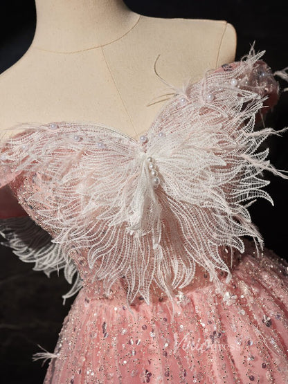 Pink Beaded Butterfly Homecoming Dresses Off the Shoulder Graduation Dress BJ019-prom dresses 2025 -Viniodress-Pink-Custom Size-