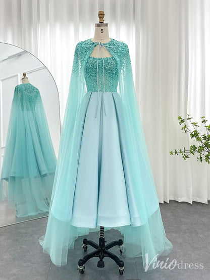 Pink Beaded Cape Sleeve Prom Dresses Knee Length Satin Pageant Dress 20237-Evening Dresses 2025 -Viniodress-Pink-US 2-