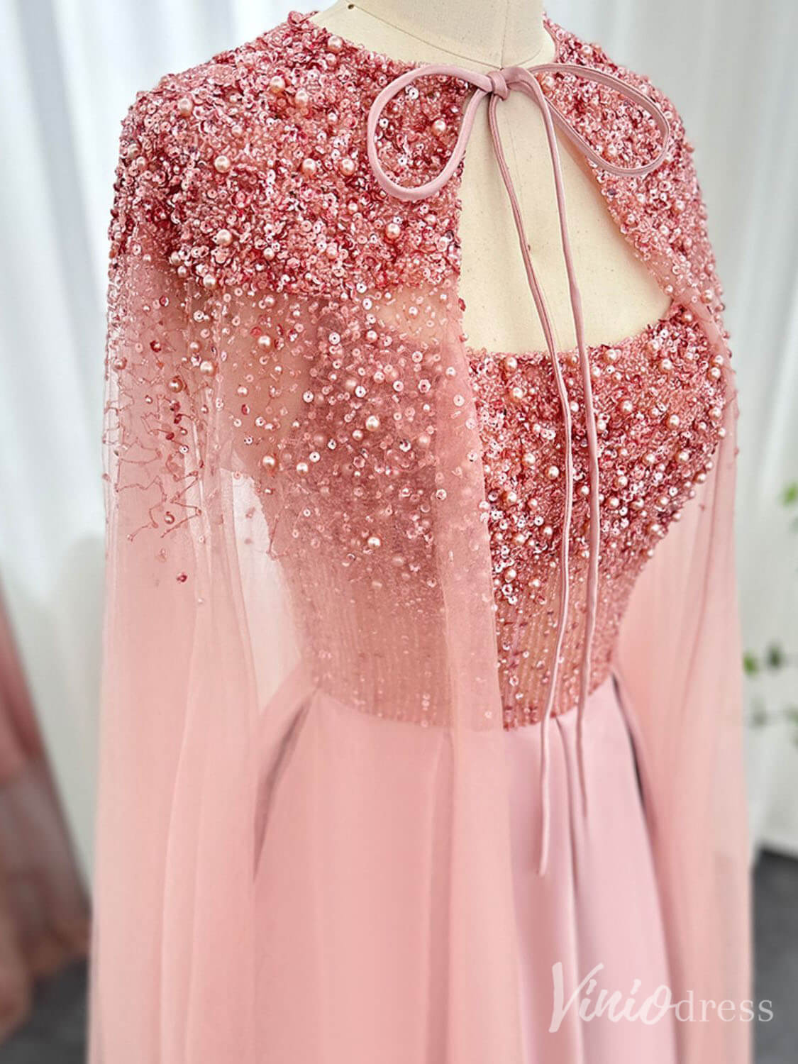 Pink Beaded Cape Sleeve Prom Dresses Knee Length Satin Pageant Dress 20237-Evening Dresses 2025 -Viniodress-Pink-US 2-