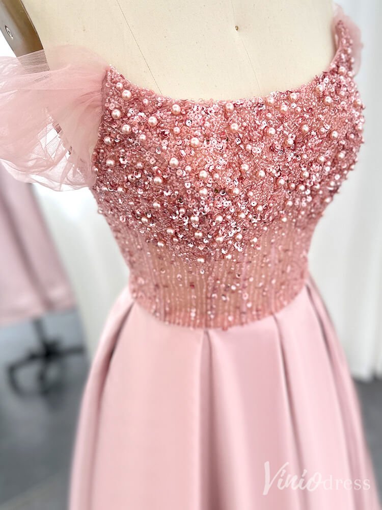 Pink Beaded Cape Sleeve Prom Dresses Knee Length Satin Pageant Dress 20237-Evening Dresses 2025 -Viniodress-Pink-US 2-