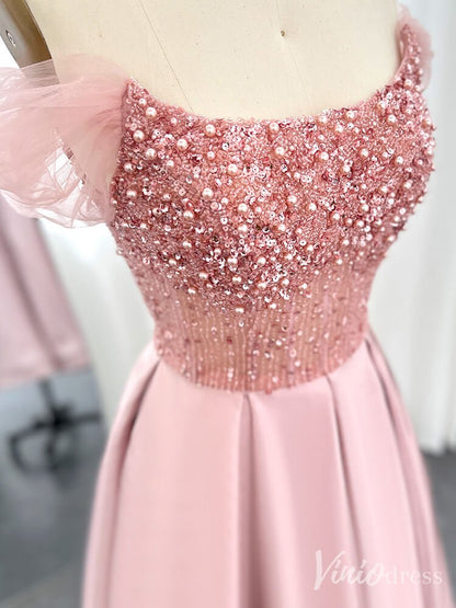 Pink Beaded Cape Sleeve Prom Dresses Knee Length Satin Pageant Dress 20237-Evening Dresses 2025 -Viniodress-Pink-US 2-