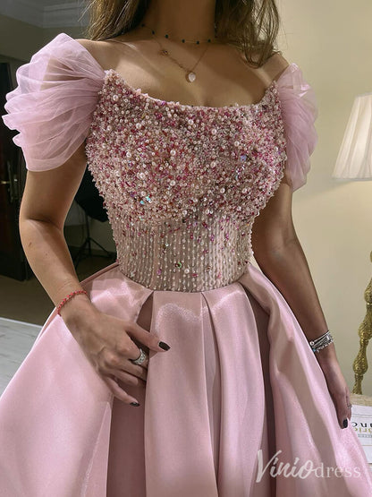 Pink Beaded Cape Sleeve Prom Dresses Knee Length Satin Pageant Dress 20237-Evening Dresses 2025 -Viniodress-Pink-US 2-