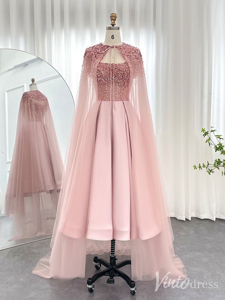Pink Beaded Cape Sleeve Prom Dresses Knee Length Satin Pageant Dress 20237-Evening Dresses 2025 -Viniodress-Pink-US 2-