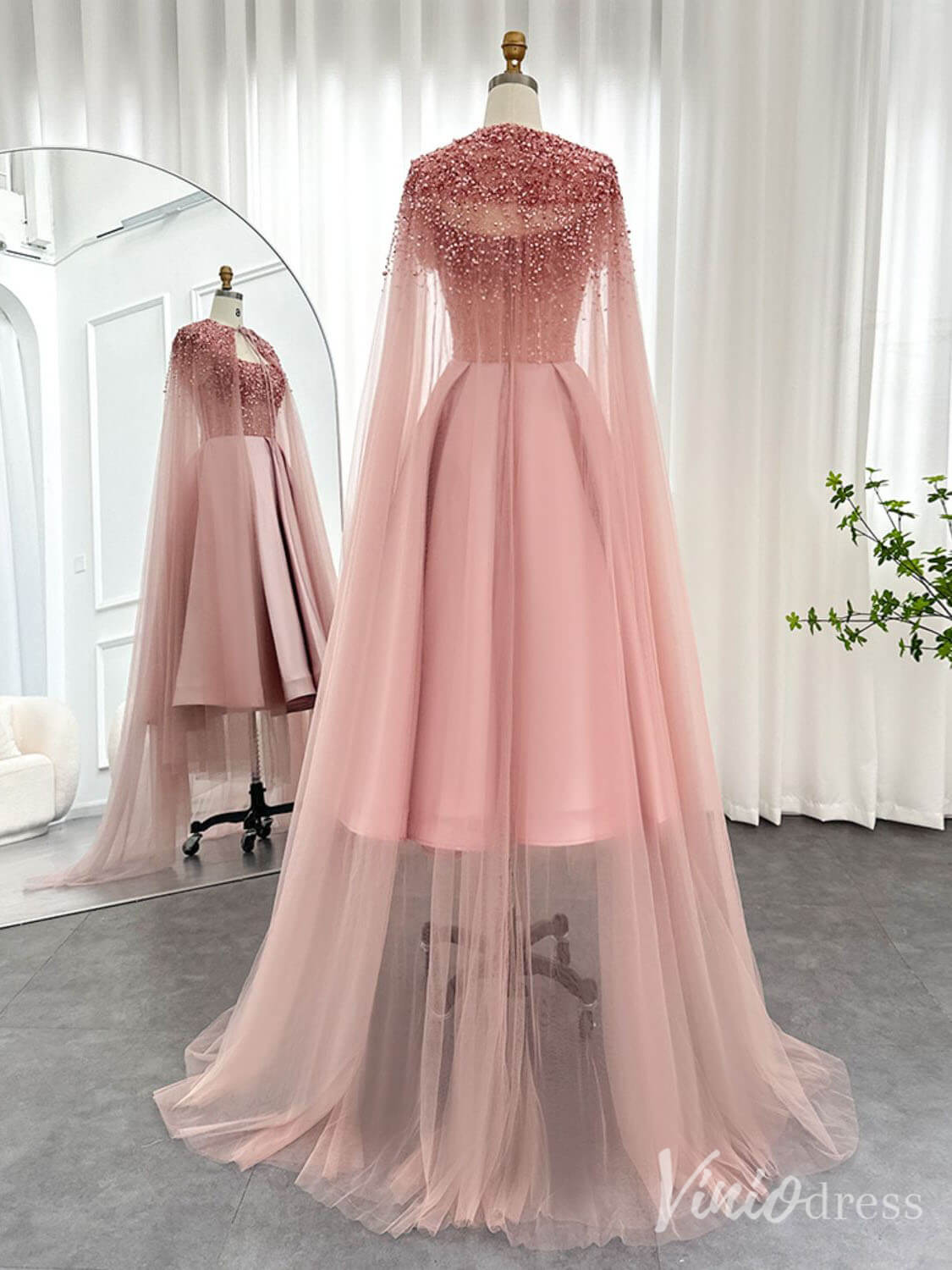 Pink Beaded Cape Sleeve Prom Dresses Knee Length Satin Pageant Dress 20237 - ViniodressEvening DressesPinkUS 2 - Formal Dresses - Ball Gowns