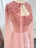 Prom Dress 2025 Pink Beaded Cape Sleeve Prom Dresses Knee Length Satin Pageant Dress 20237-unique prom dresses-Pink-US 2-Viniodress