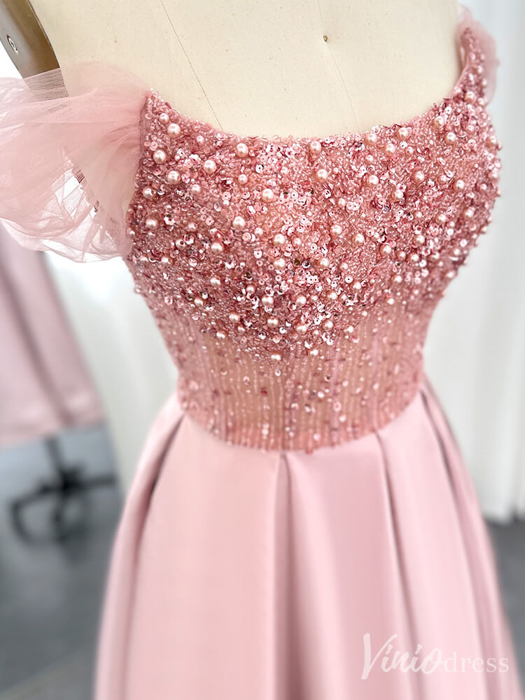 Prom Dress 2025 Pink Beaded Cape Sleeve Prom Dresses Knee Length Satin Pageant Dress 20237-unique prom dresses-Pink-US 2-Viniodress