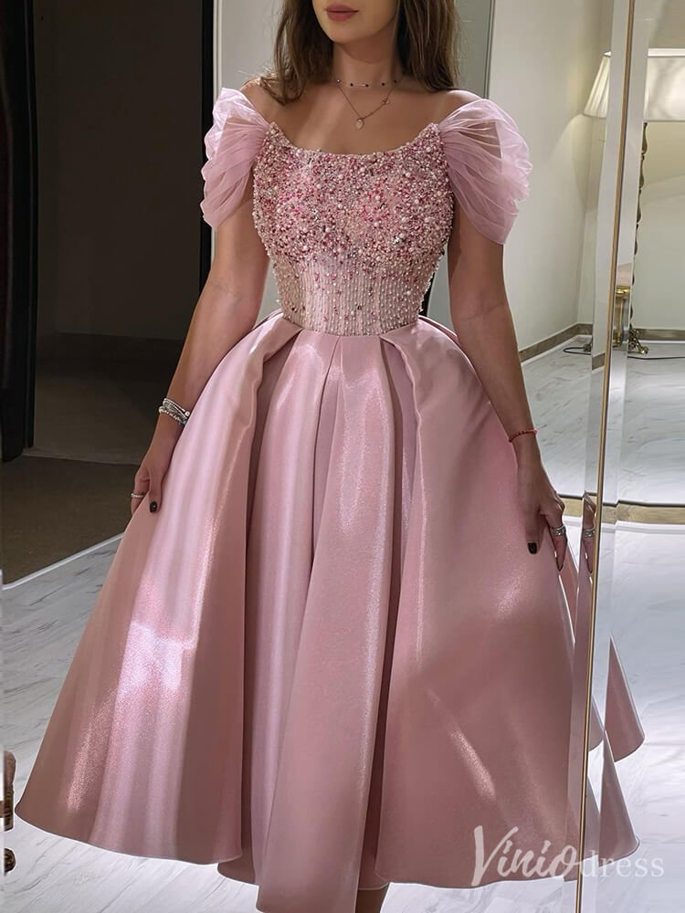 Pink Beaded Cape Sleeve Prom Dresses Knee Length Satin Pageant Dress 20237 - ViniodressEvening DressesPinkUS 2 - Formal Dresses - Ball Gowns