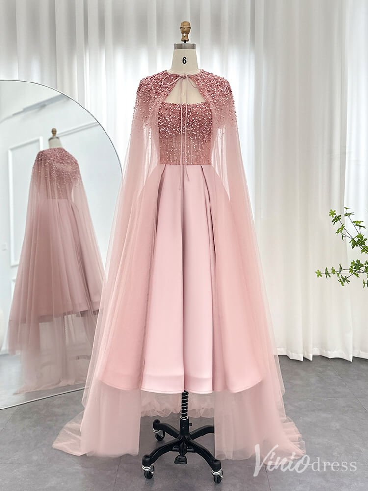 Pink Beaded Cape Sleeve Prom Dresses Knee Length Satin Pageant Dress 20237 - ViniodressEvening DressesPinkUS 2 - Formal Dresses - Ball Gowns