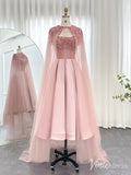 Prom Dress 2025 Pink Beaded Cape Sleeve Prom Dresses Knee Length Satin Pageant Dress 20237-unique prom dresses-Pink-US 2-Viniodress