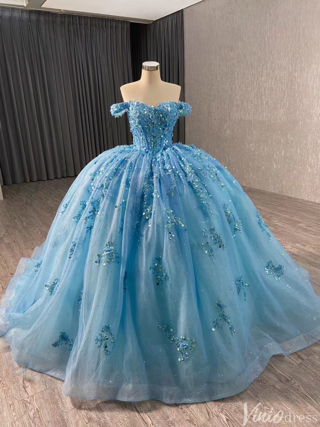 Pink Beaded Floral Wedding Dresses Sparkly Off the Shoulder Quinceanera Dress 241028-Quinceanera Dresses 2025 -Viniodress-Blue-Custom Size-