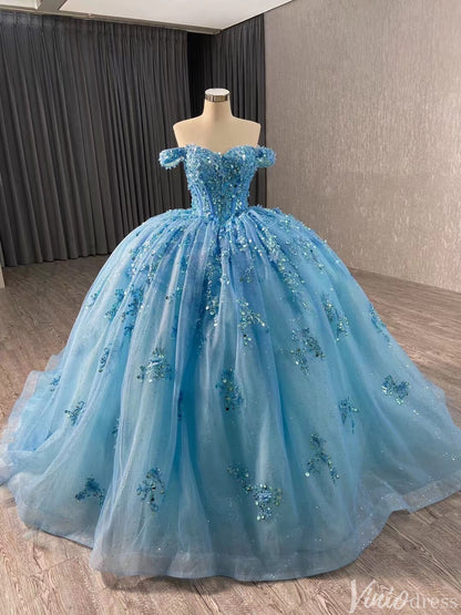 Pink Beaded Floral Wedding Dresses Sparkly Off the Shoulder Quinceanera Dress 241028-Quinceanera Dresses 2025 -Viniodress-Blue-Custom Size-