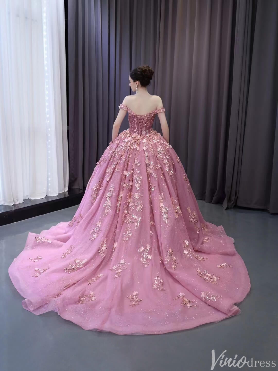 Pink Beaded Floral Wedding Dresses Sparkly Off the Shoulder Quinceanera Dress 241028-Quinceanera Dresses 2025 -Viniodress-Pink-Custom Size-
