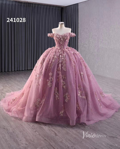 Pink Beaded Floral Wedding Dresses Sparkly Off the Shoulder Quinceanera Dress 241028-Quinceanera Dresses 2025 -Viniodress-Pink-Custom Size-
