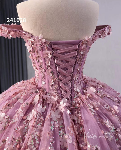 Pink Beaded Floral Wedding Dresses Sparkly Off the Shoulder Quinceanera Dress 241028-Quinceanera Dresses 2025 -Viniodress-Pink-Custom Size-