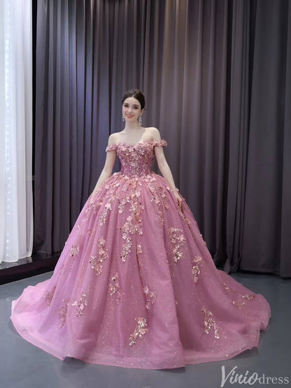 Pink Beaded Floral Wedding Dresses Sparkly Off the Shoulder Quinceanera Dress 241028-Quinceanera Dresses 2025 -Viniodress-Pink-Custom Size-